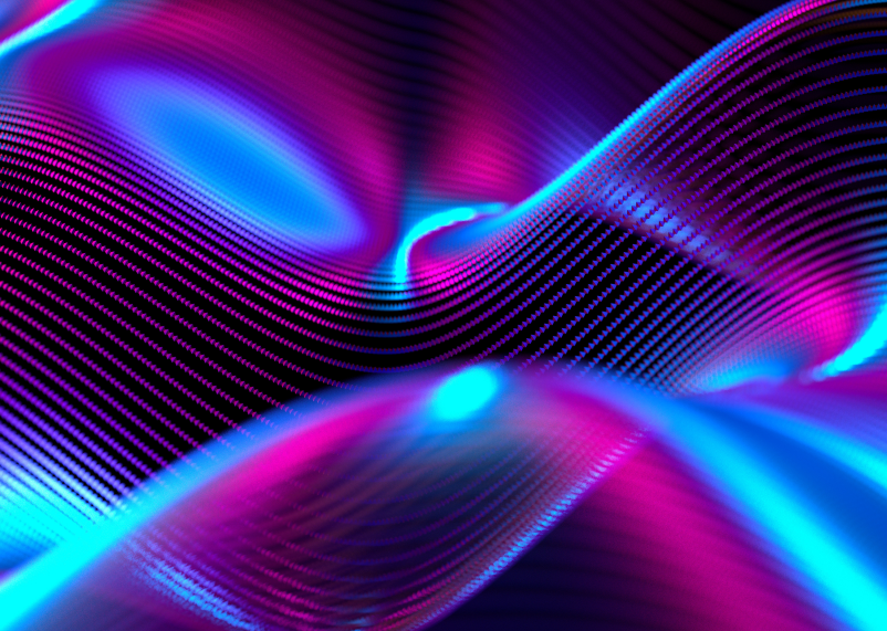 A wavy mesh of interconnected, purple dots, reflecting a light blue light