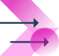 Icon of a pink chevron and pink circle with black arrows pointing forward through them.
